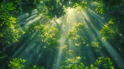 A lush green forest canopy viewed from below, with sunlight filtering through the leaves, highlighting the dense foliage and vibrant vegetation.