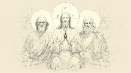 Fototapeta na wymiar A Symbolic Representation of the Trinity with Jesus, God the Father, and the Holy Spirit, Biblical Illustration of Divine Unity