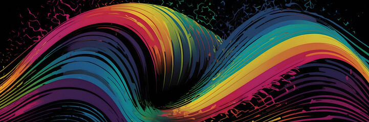 A dynamic and colorful digital art piece featuring vibrant rainbow waves with a splatter effect on a black background