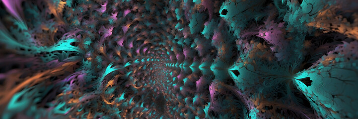 This abstract digital image evokes an ethereal underwater coral landscape using fractal technology in pastel colors