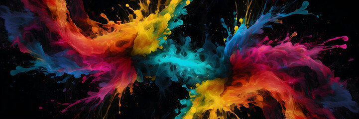 Dynamic and colorful explosion of paint splashes against a dark backdrop, evoking creativity and high energy in an abstract form