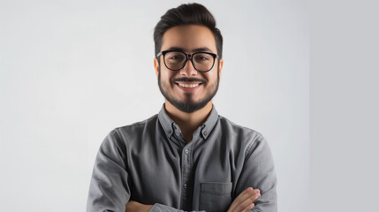 Obraz premium Portrait of young handsome smiling business guy wearing pastel orange shirt and glasses, feeling confident with crossed arms, isolated on color matching background