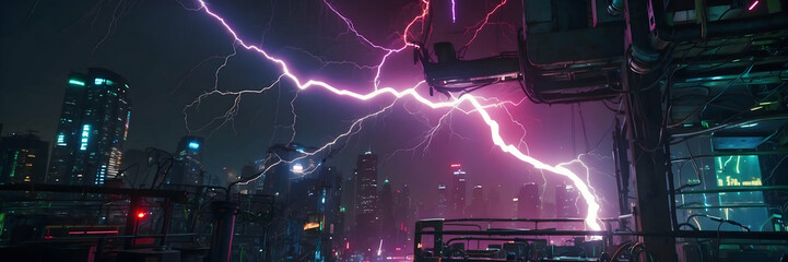 Intense lightning bolts illuminate a futuristic cityscape at night, creating a dramatic urban scene
