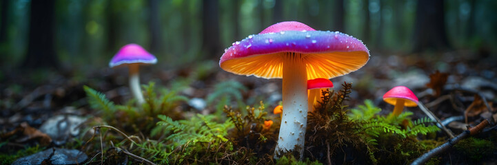 A single luminous, vibrant pink mushroom stands out in a mystical, enchanted forest setting