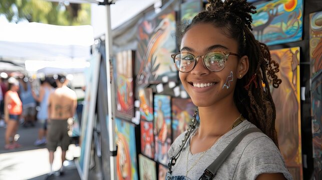 Confident young woman selling her artwork at a street fair.