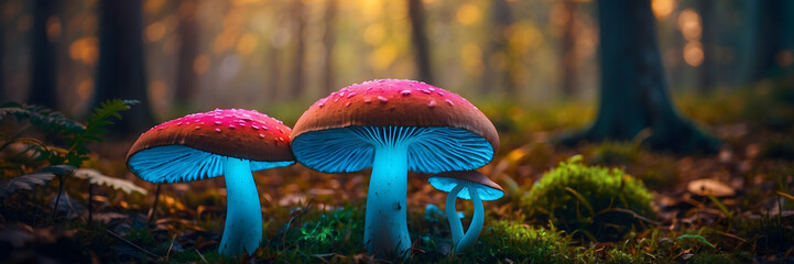 Two fantastic mushrooms with a vibrant red cap and magical blue glow set in a forest environment