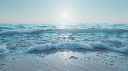 A photorealistic image of a calm ocean with gentle waves lapping against the shore, shot under a clear blue sky.