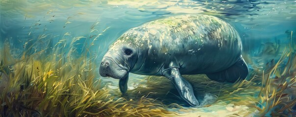 Gentle manatee grazing underwater close up, focus on, marine life, ethereal, Oil painting, seagrass bed