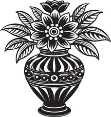 Decorative vase with flowers black and white illustration 