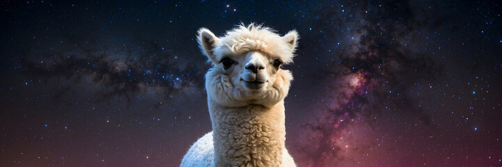 A whimsical alpaca superimposed on a starry night sky, blending reality with fantasy
