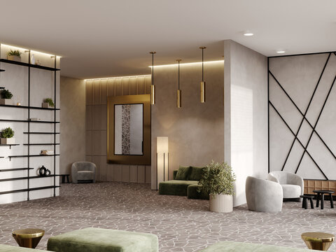 Spacious modern lobby lounge in hotel 