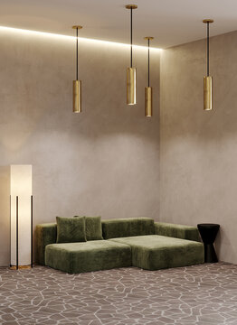 Green olive color minimalistic sofa in hall lobby with golden details