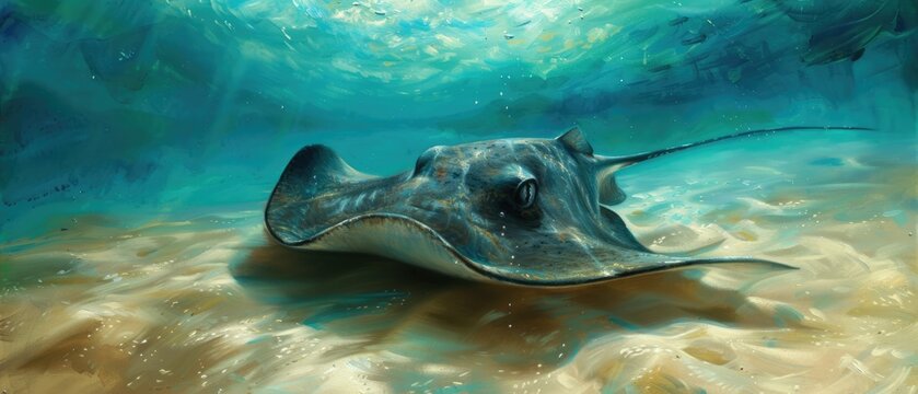 Elegant stingray swimming over sandy bottom close up, focus on, grace, ethereal, Oil painting, seafloor