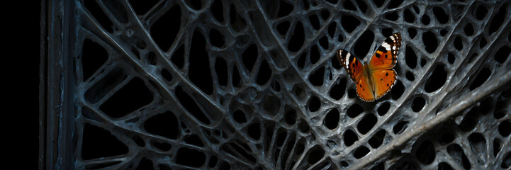 A single butterfly rests on an intricate abstract net-like structure in a dark setting