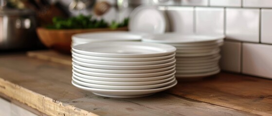 A clean stack of white ceramic plates, neatly arranged, symbolizing cleanliness and order close up, kitchen setting, realistic, fusion, wooden table backdrop