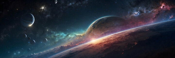 A breathtaking panoramic view of an alien skyline with planets, moons, and nebulae in vivid hues