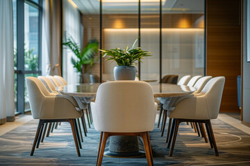 Fototapeta premium A large, elegant dining table is surrounded by many white chairs