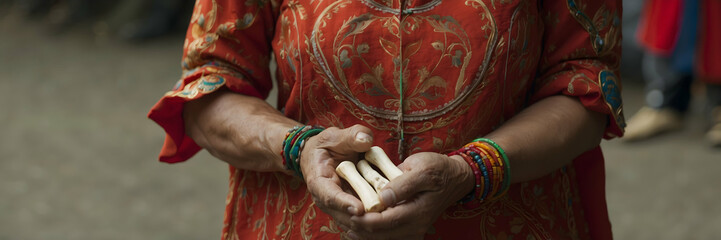 A person in traditional dress performs a cultural bone reading ritual