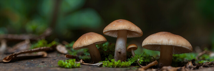 Fototapeta premium Three brown mushrooms captured in natural forest habitat with a backdrop of green moss