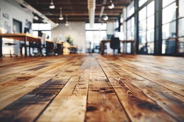 Blurry view of an open office space with wooden floors