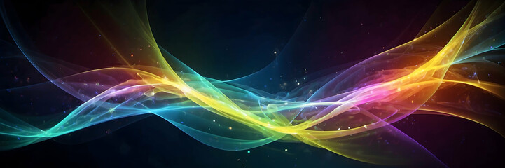 An abstract design of colorful light waves flowing and intertwining against a dark background