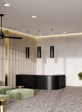 Reception area in hotel lobby. Black accent checking counter