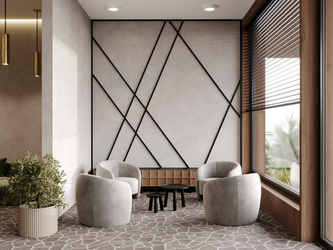 Hotel lobby space with living area in reception 