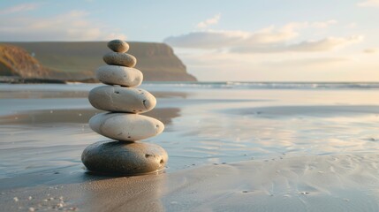 A stack of smooth, balanced stones standing upright on a tranquil beach, symbolizing harmony and equilibrium in nature.