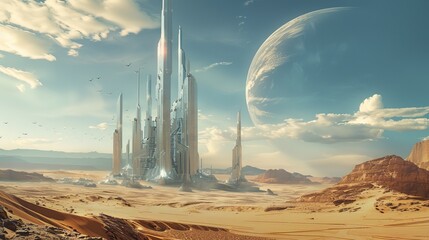 Futuristic City in a Desert Landscape for Sci-fi or Fantasy Themed Designs