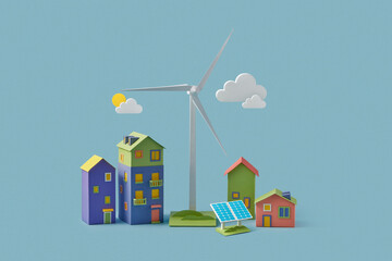 Paper craft windmill and solar panel situated between four buildings