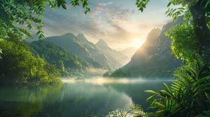 serene nature background with a misty mountain range, a tranquil lake, and lush greenery, bathed in the soft glow of dawn. - Powered by Adobe