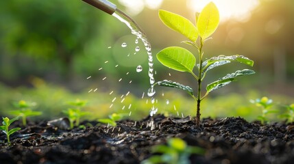 A young tree sapling planted in a field, with a person gently watering it, illustrating the nurturing process of growth and regeneration.