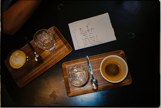 Two specialty coffees and a to-do list.