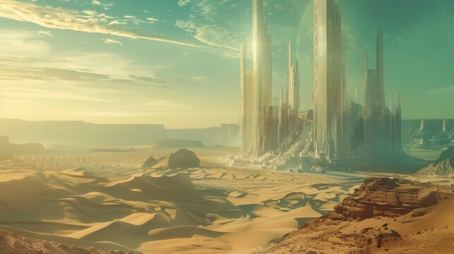 Futuristic City in a Desert Landscape for Sci-fi or Fantasy Themed Designs - Powered by Adobe