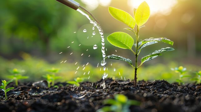 A young tree sapling planted in a field, with a person gently watering it, illustrating the nurturing process of growth and regeneration.