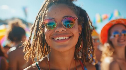 portrait of a young woman with dreadlocks smiling at a music festival