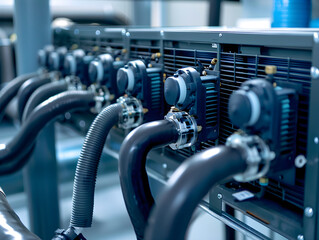 Neatly Aligned Industrial Compressor Units with Cylindrical Components and Black Hoses in High-Tech Manufacturing Environment with Cool-Toned Lighting and Mechanical Elements on Metallic Frame