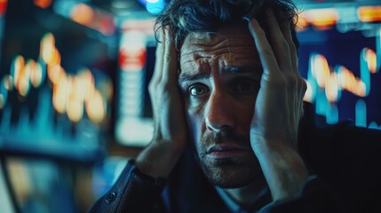 Fototapeta premium Portrait of a distressed man in a dark room with hands on his head, emphasizing stress and worry with blurred charts in the background.