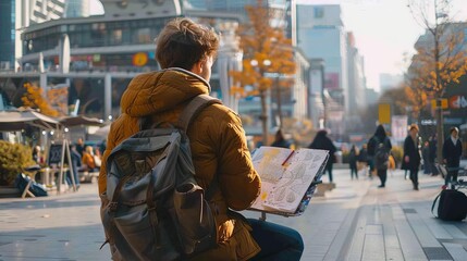 The image shows a man sitting on a bench in a busy city street. He is wearing a backpack and holding a map. The man is looking at the map and trying to figure out where he is. - Powered by Adobe