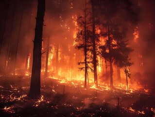 Fototapeta premium Intense Forest Fire Blazing Through Dense Woods at Night, Tall Trees Engulfed in Flames, Dramatic Smoke and Embers, Urgent and Destructive Natural Wildfire Illuminating Dark Sky with Fiery Orange-Red