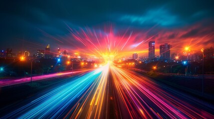 Obraz premium Dynamic long exposure of a busy highway at night with colorful light trails from vehicles, set against a city skyline illuminated by vibrant lights.