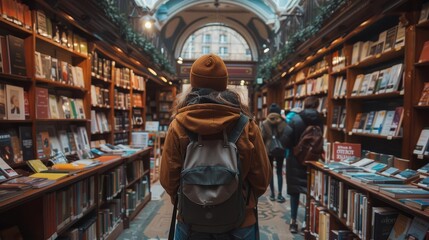 Fototapeta premium The image shows a person with backpack walking through a library.