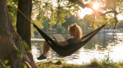 The image shows a woman relaxing in a hammock