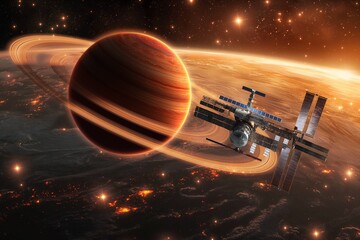 AI generated illustration of a spacecraft orbiting Saturn's ring with the un in the background