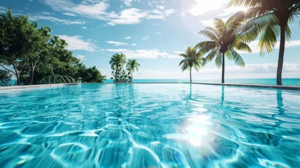 vibrant blue swimming pool with crystal clear water, shot on a sunny day with palm trees in the background.