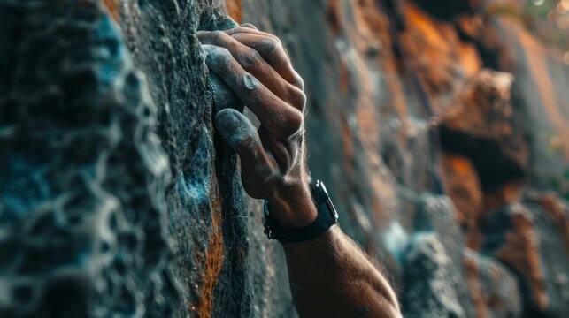 A man is climbing a rock wall with his hands