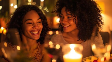Two beautiful black women are sitting at a table, talking and laughing. There are candles on the table.