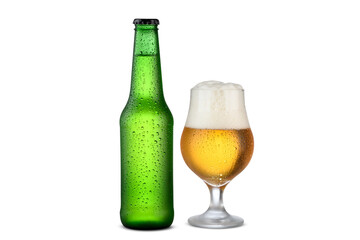 unlabeled beer bottle and glass with beer, cold drink, mockup