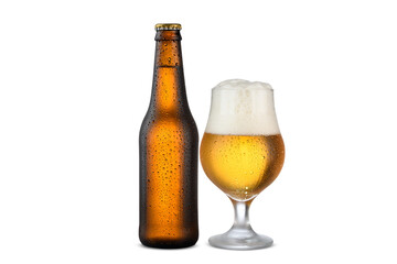 unlabeled beer bottle and glass with beer, cold drink, mockup