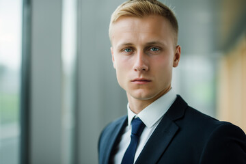 Professional portrait of a young businessman in a suit, standing in an office.